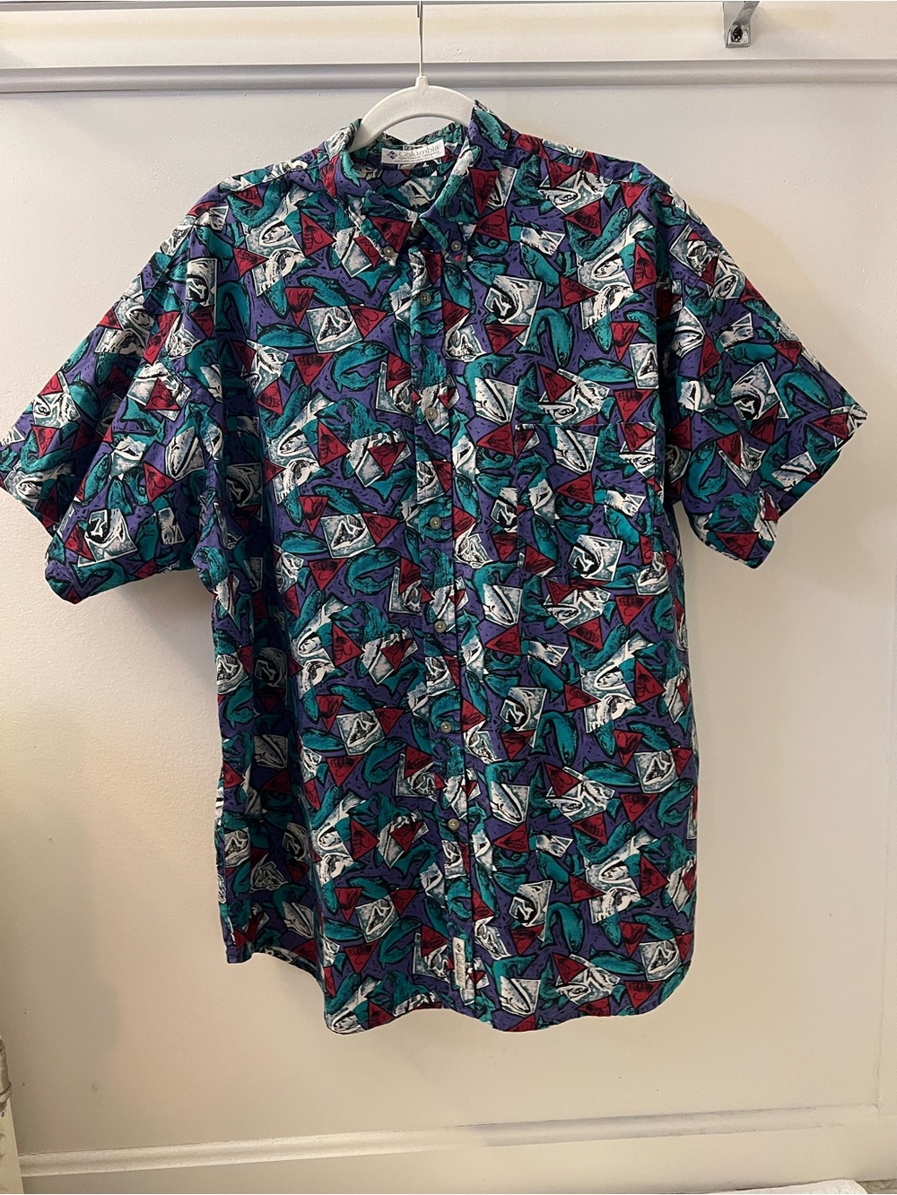 Short-Sleeve Button-Up Shirt in Teal Multi-Color Print